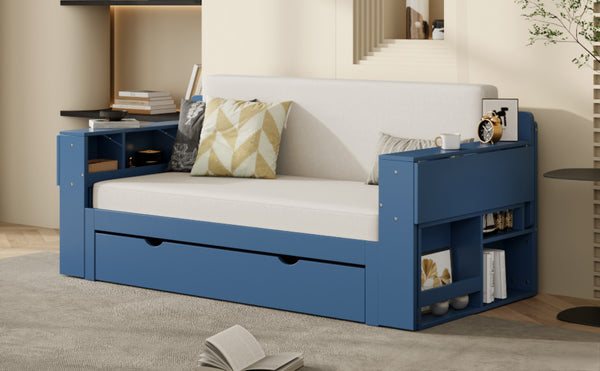 English Elm Full Size Daybed with Hydraulic Desk Armrests Storage Drawer and Sofa Seating Blue LT000271AAC