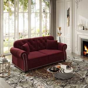 English Elm 63"upholstered Velvet Loveseat with Tufted Back Nailhead Arms Chesterfield Living Room Burgundy W1885S00381