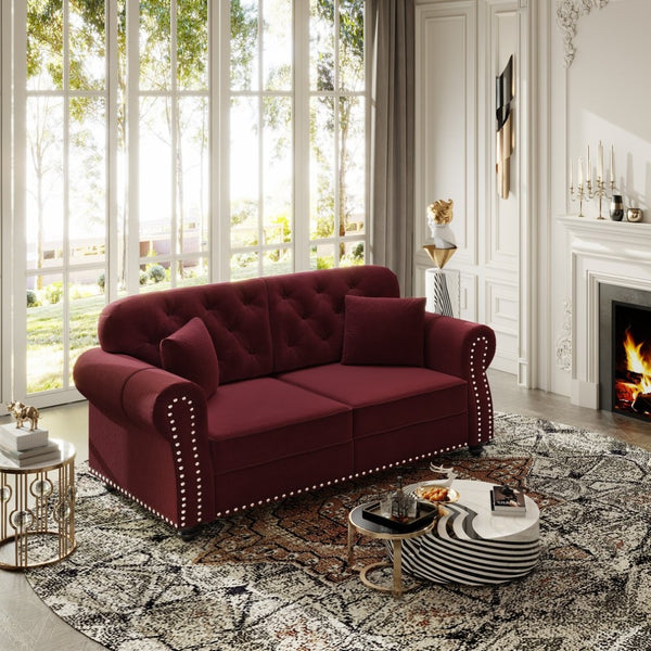 English Elm 63"upholstered Velvet Loveseat with Tufted Back Nailhead Arms Chesterfield Living Room Burgundy W1885S00381