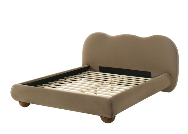 English Elm Brown Boucle Eastern King Bed Camel Back Headboard Round Bun Feet Upholstered Frame Brown B2741S00833