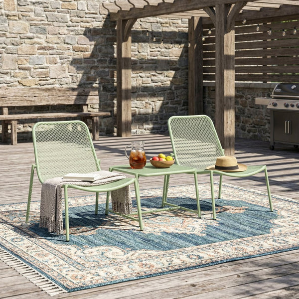 English Elm Kincaid Outdoor Iron Mesh Conversation Set Rust Resistant Patio Chairs with Side Table Matte Green N775P392159G