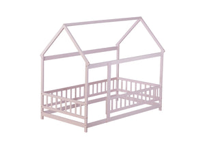 English Elm Twin Size House Floor Bed With Charming Roof Frame, Safety Guardrails & Soft Pink Finish For Kids W504P286405-GIGA