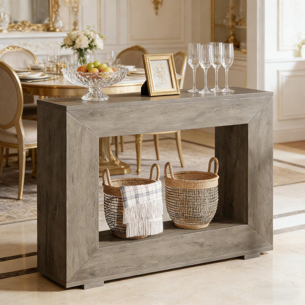 English Elm Entryway Console Table with Sculptural Stacked Wood Panels and Open Arc Base T3971P451473