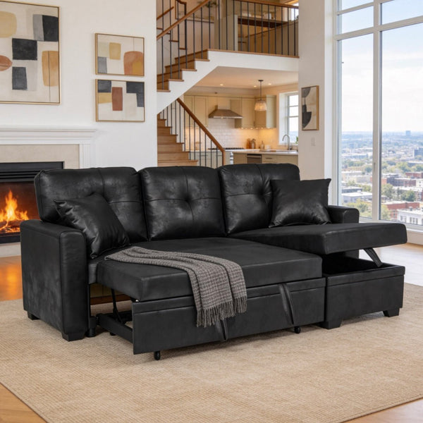 English Elm Sleeper Sectional Sofa with Storage Chaise Tufted Black Fabric L-shaped Living Room W5568S00037