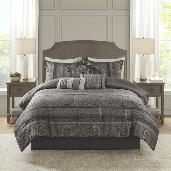 English Elm 7 Bellagio Jacquard Comforter Set Queen with Luxe Leaf, Ironwork Motifs, Pleated Embroidered Pillows & Bedskirt Grey 23.62 L x 18.5 W x 13.78 H B03597023