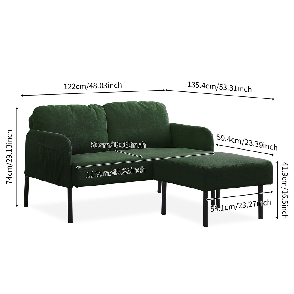 English Elm Green 2-Seater L-Shaped Sofa with Ottoman — Modern Polyester Fabric, Foam Cushions, Compact Comfort for Apartments and Small Spaces W1164S00028