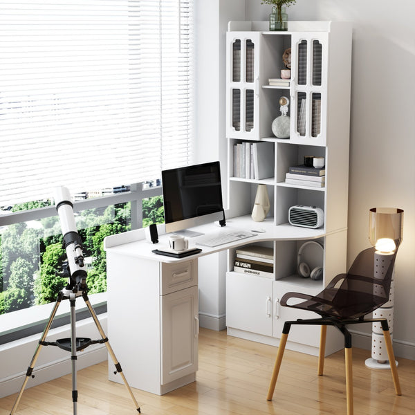 English Elm L-Shaped Corner Desk White with Hutch, Shelves & Drawer — Space-Saving 2-in-1 Office Workstation with Ample Storage W331S00203