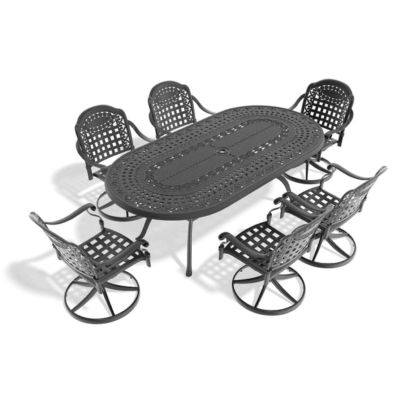 English Elm 7-Piece All-Weather Cast Aluminum Dining Set With 6 Swivel Chairs & Oval Table For Outdoor Bliss W1710S00468