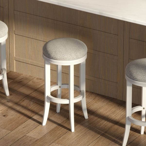 English Elm 31in. Backless Swivel Barstool Solid Wood Curved Legs Upholstered Seat Bar Kitchen White B2751P436425
