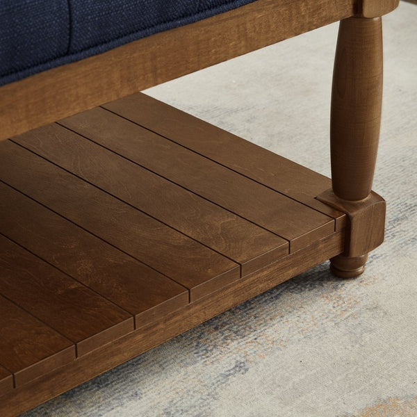 English Elm Large Square Tufted Ottoman with Wood Shelf Upholstered Footrest for Living Room Navy Blue W2186P204185