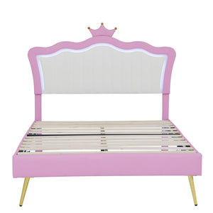 English Elm Full Size Upholstered Princess Bed Frame With Led Lights, Crown Headboard In Pink & White Design W2770P190360