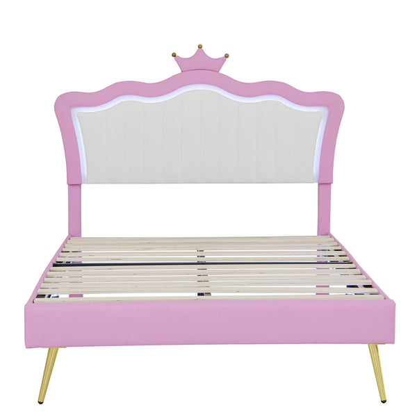 English Elm Full Size Upholstered Princess Bed Frame With Led Lights, Crown Headboard In Pink & White Design W2770P190360