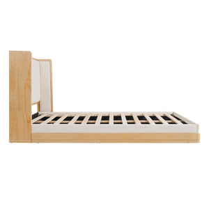 English Elm Mid-century Queen Platform Bed Curved Waterfall Headboard Natural Wood Beige Upholstered N769Q354925W