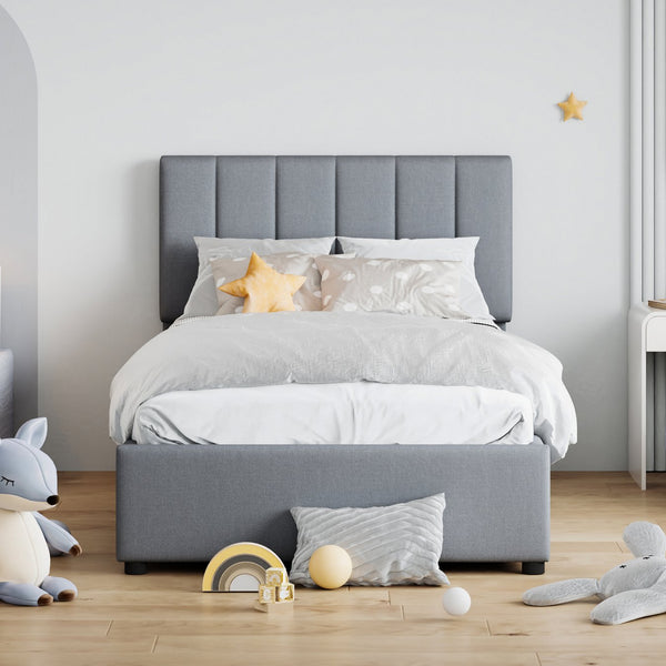 English Elm Twin Upholstered Hydraulic Storage Bed with Vertical Stripe Headboard, Space-Saving Modern Platform Gray SF000185AAE