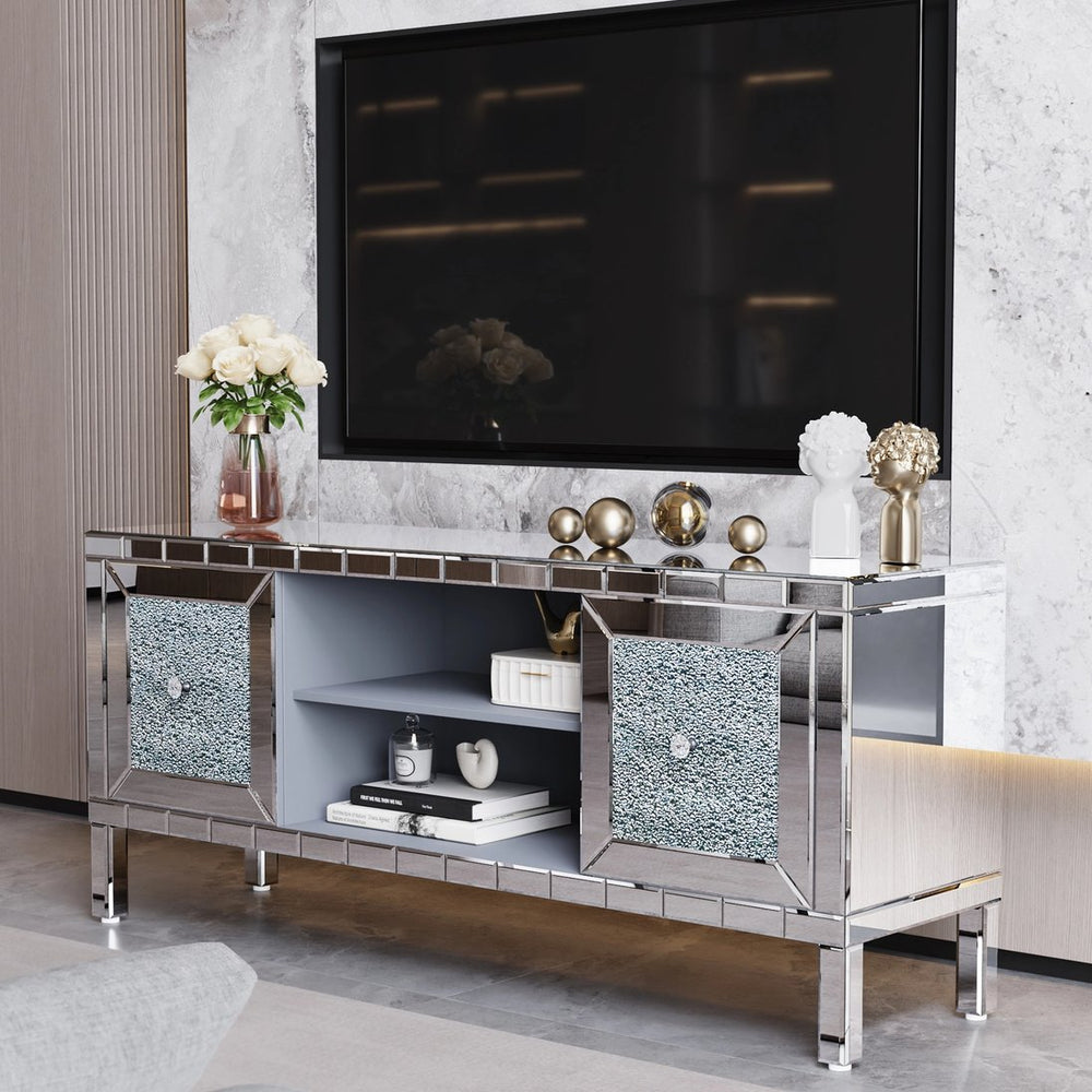 English Elm 60" Mirrored TV Stand with Crushed Diamond Doors, 64" Solid Wood Media Console w/ Open Shelves & Antique Silver Glam Storage W1445P301422