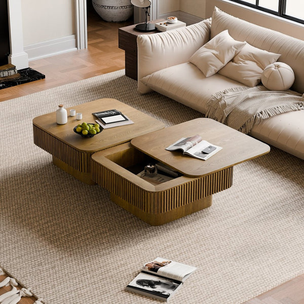 English Elm 31.5'' Square Wood Veneer Flip Top Storage Coffee Table with Slat Detail for Living Rooms Brown W1435P375248