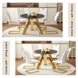 English Elm Table Set: Luxurious 42-Inch Round Sintered Stone Table With 6 Ergonomic White Chairs & Gold Legs W2920S00042-GIGA