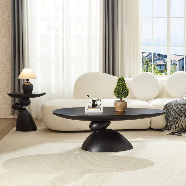 English Elm 47.27" Lucky Stone Oval CoffeeTable with Sculptural Stacked Pebble Base, Minimalist Fiberglass Centerpiece Black W2664S00046