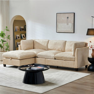 English Elm 96.5" L-shaped Chenille Sectional with Storage Ottoman Eucalyptus Frame Living Room Light Coffee W1097S00281