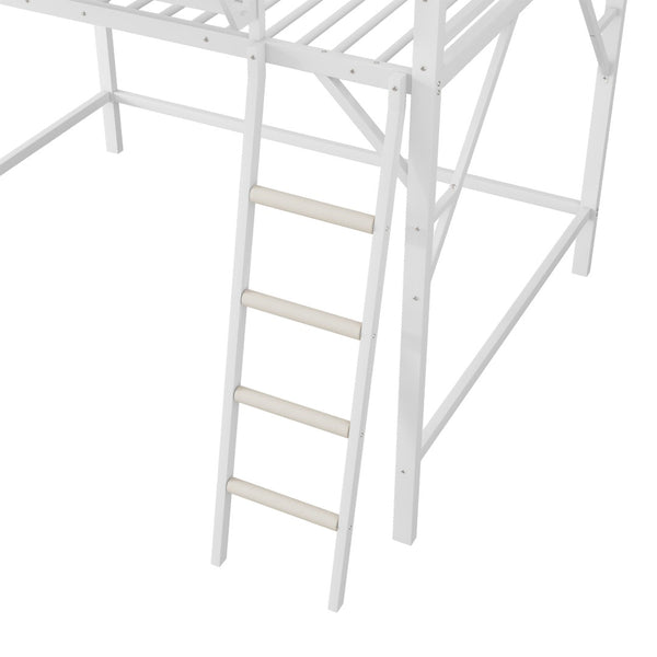 English Elm Queen Metal High Loft Bed with Storage Shelf and Ladder for Teens Small Spaces W2580P351278