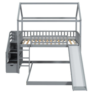 English Elm Twin Over Full Bunk Bed Playhouse Frame with Slide Staircase and Storage Drawers LT100129AAE