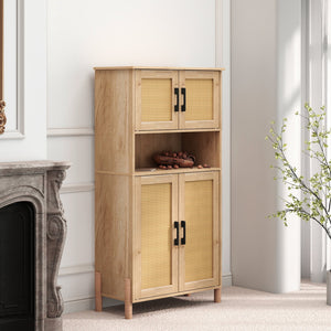 English Elm Mid-Century Woven Rattan Door Storage Cabinet with Adjustable Shelves and Solid Wood Legs, Stylish and Functional Natural 27.6 L x 15 W x 8.7 H W3151P288912