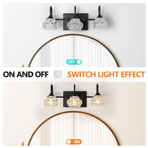 English Elm 17" Retro 3-Light Bathroom Vanity Light Fixture - Black Iron with Crystal Glass Shades, Wall Mounting Elegance for Powder Room (No Bulbs) W1340P206720