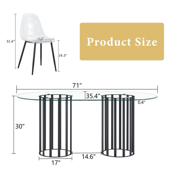 English Elm Table Oval Tempered Glass Dining Set Seats Six with Transparent Acrylic Chairs Luxe Style W1151S04761