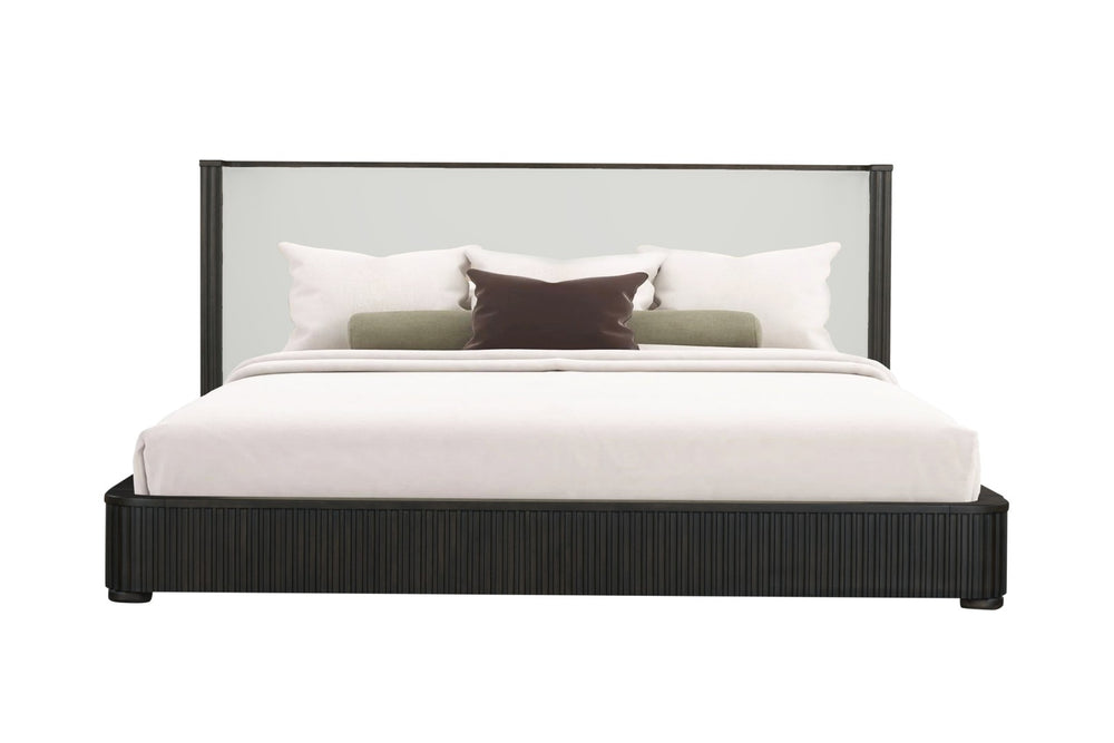 English Elm Clayten Queen Platform Bed Beige Linen Headboard Espresso Wood Transitional Bedroom B2756S00019