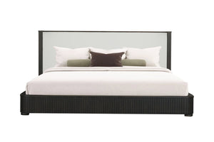 English Elm Clayten Queen Platform Bed Beige Linen Headboard Espresso Wood Transitional Bedroom B2756S00019