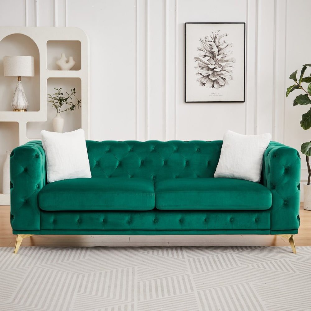 English Elm Fx Chesterfield Velvet Sofa with Diamond Tufting Polished Legs and Accent Pillows Green W1926S00081