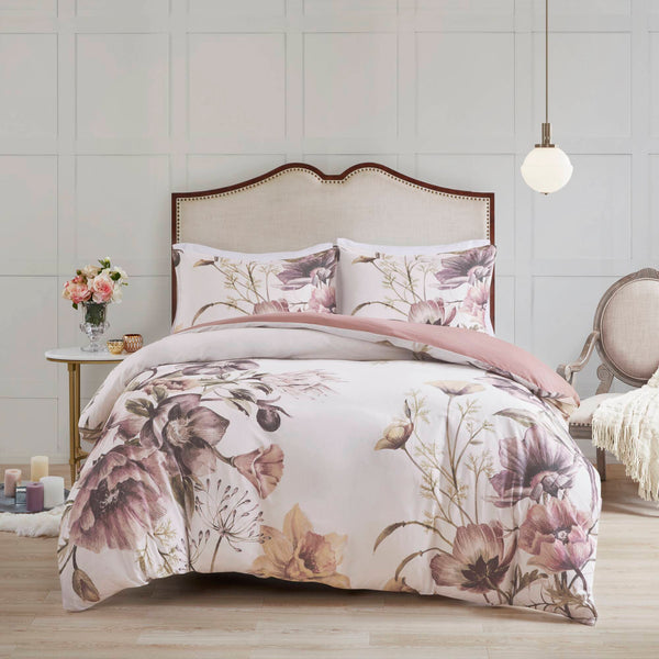 JLA Home Madison Park - 3 Piece Cotton Printed Duvet Cover Set with Large Floral Print, OEKO-TEX, Breathable Cottage Charm Blush MP12-6168