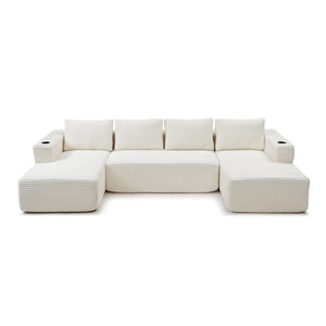English Elm 132" Modular U Shaped Sectional Sofa with Corduroy Upholstery and Built in Cupholders W1117S00341