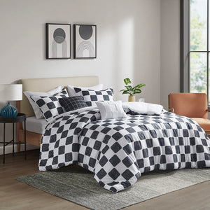 JLA Home Intelligent Design - Checkered textured black-and-white comforter set with embroidered pillows, hypoallergenic, antimicrobial, machine washable 90 L x 90 W x 1H ID10-2321
