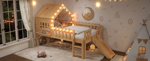 English Elm Twin Playhouse Loft Bed Solid Pine Frame with Slide Led Lights and Star Roof Natural W5316S00002