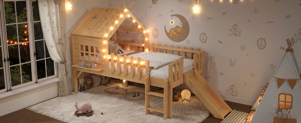 English Elm Twin Playhouse Loft Bed Solid Pine Frame with Slide Led Lights and Star Roof Natural W5316S00002