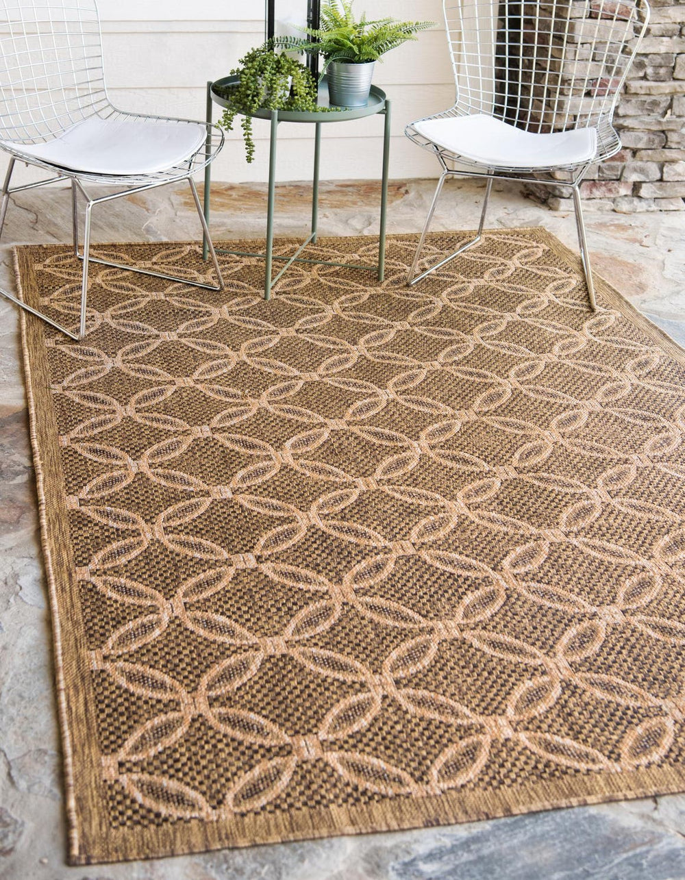 Unique Loom Outdoor Trellis Spiral Machine Made Geometric Rug Light Brown, Brown/Cream/Light Brown/Gold 6' 1" x 9' 0"