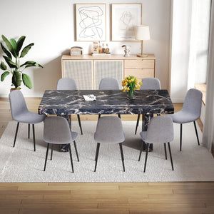 English Elm Table and Chair Set Seats Eight with Marble Pattern Mdf Top Brown Fabric Dining W1151S04134