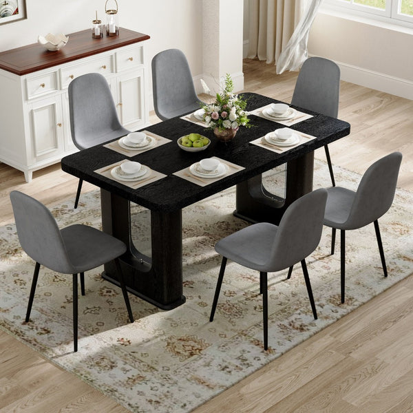 English Elm Table 7-Piece Dining Set: Stylish Black Wood Texture Table With 6 Dark Gray Linen-Cotton Chairs W1151S04319-GIGA