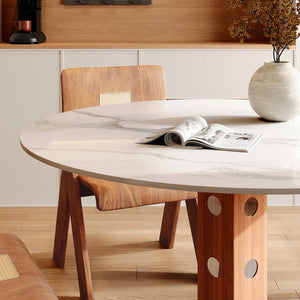 English Elm 2-4 Person Round Solid Wood Dining Table, Walnut Base & White Stone Top For Cozy Spaces & Nooks T3833S00058