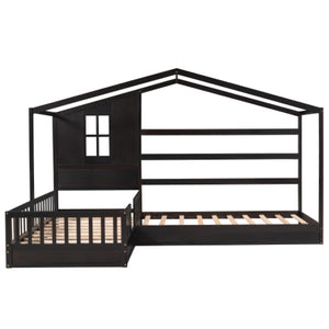 English Elm Wood House Bed L-shaped Twin Frame Pinewood Kids Room Peaked Roofline Espresso Finish LP001345AAP