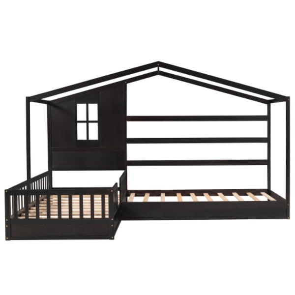 English Elm Wood House Bed L-shaped Twin Frame Pinewood Kids Room Peaked Roofline Espresso Finish LP001345AAP