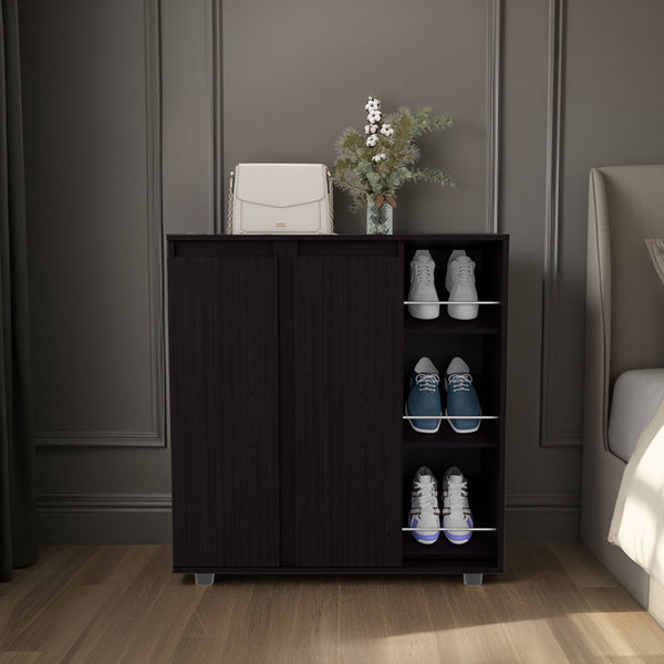English Elm Wenge 2-Door Shoe Cabinet with 3 Open Side Shelves, 8 Concealed Tiers, Modern Melamine Finish B062P389899