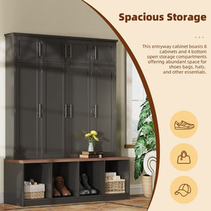 English Elm Farmhouse Hall Tree with Triple Arch Back Panel Eight Hooks Drawers and Entryway Bench Black N721S000059B-1