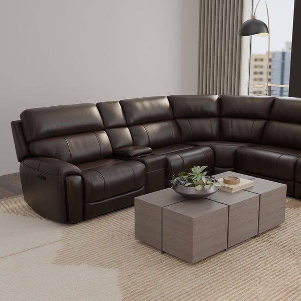 English Elm 6-Piece Performance Fabric Power Reclining Sectional with USB Charging, Hidden Console, Cup Holders Dark Brown B339S00001