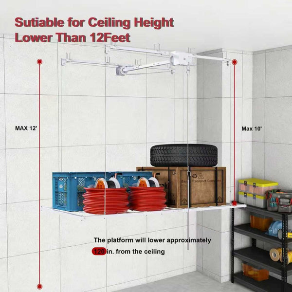 English Elm Overhead Garage Storage Rack with Crank Lift 270lb Steel Platform for High Ceilings W2700P346224