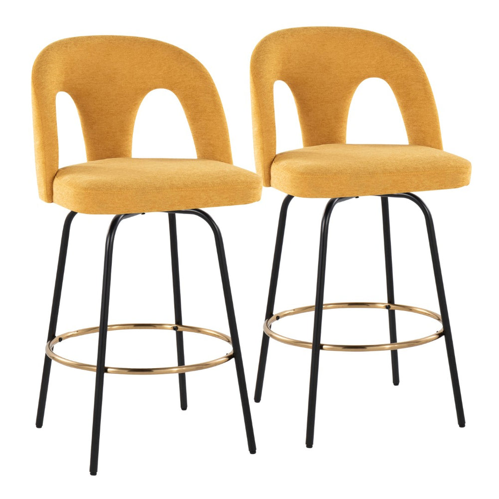 English Elm Fixed-height Swivel Counterstools with White Upholstery Gold Footrest Set of 2 Yellow B202S01785