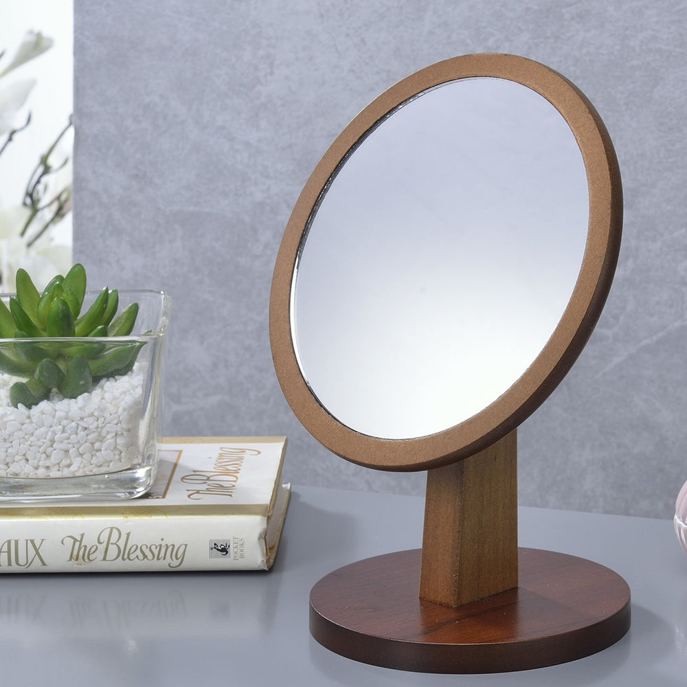 English Elm 9.5" Elegant Polyresin & Walnut Wood Make-Up Mirror on Pedestal — 6.5" Glass, Sturdy Base, Compact Vanity Accessory B072115921
