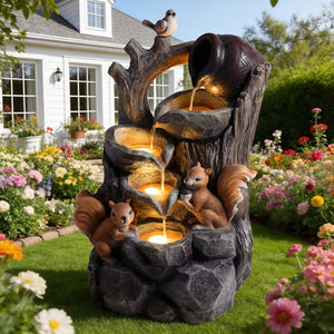 English Elm Squirrel Resin Tree Stump Outdoor Water Fountain with Led Lights Garden Patio Decor W5397P454718