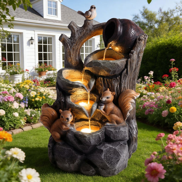 English Elm Squirrel Resin Tree Stump Outdoor Water Fountain with Led Lights Garden Patio Decor W5397P454718